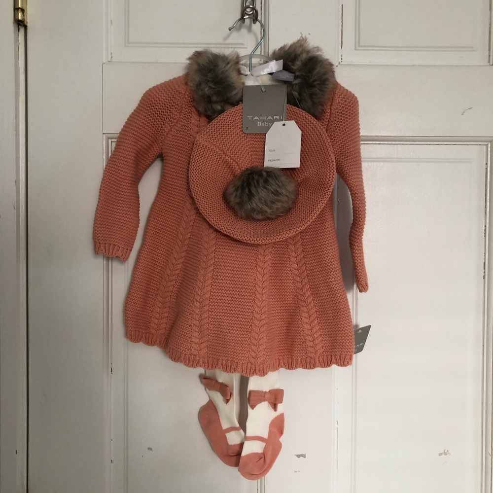 BOGO 🎊 Tahari Baby Knit Dress Set - Peach with Beret and Tights